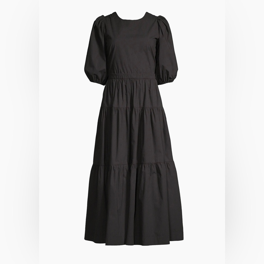 Trovata Birds of Paradis Daphne Black Poplin Tiered Midi Dress Women’s S